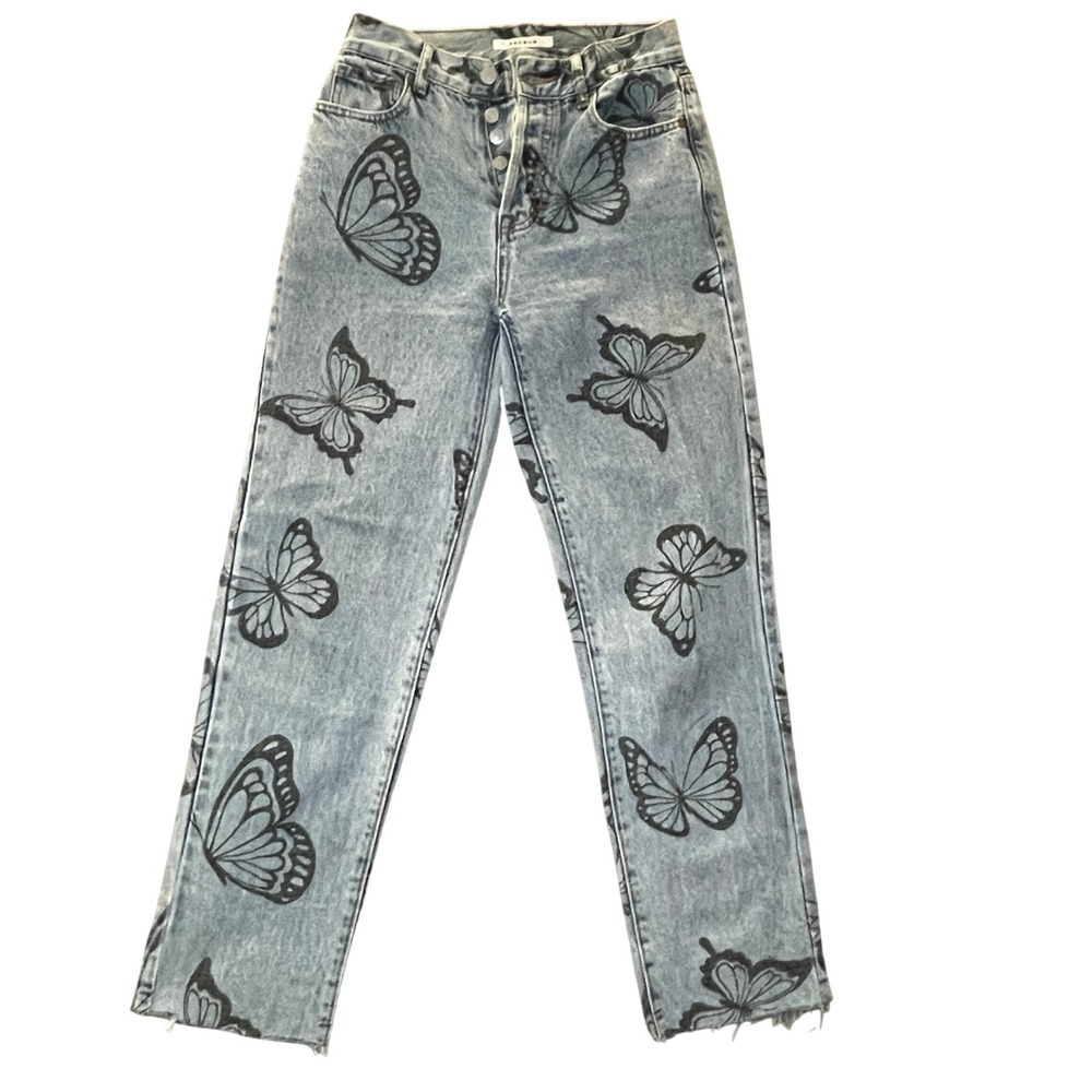 PacSun Butterfly Graphic Jeans Womens 24 High Rise Straight Light Wash Denim